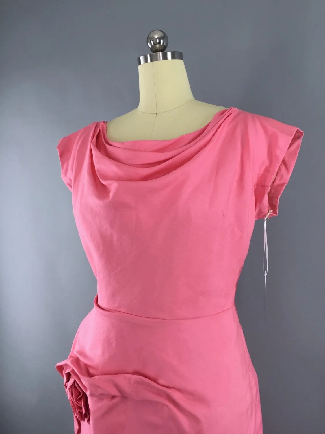 Vintage 1950s Dress / Bright Pink Silk Dress