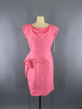 Vintage 1950s Dress / Bright Pink Silk Dress