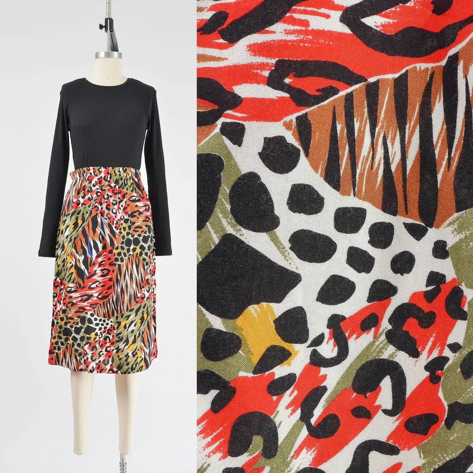 Vintage 80s Mixed Animal Print Skirt Elastic Waist Straight Midi Skirt Tiger Leopard Cheetah Print size S M