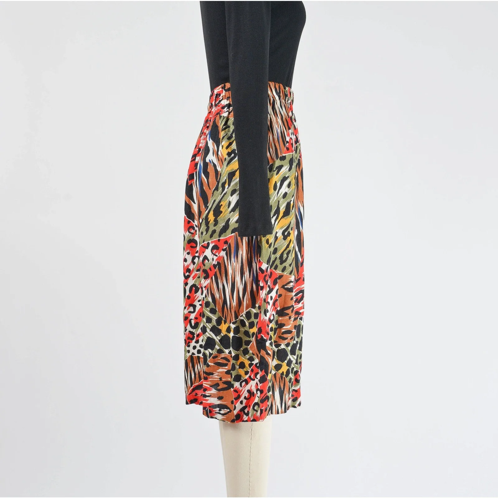 Vintage 80s Mixed Animal Print Skirt Elastic Waist Straight Midi Skirt Tiger Leopard Cheetah Print size S M