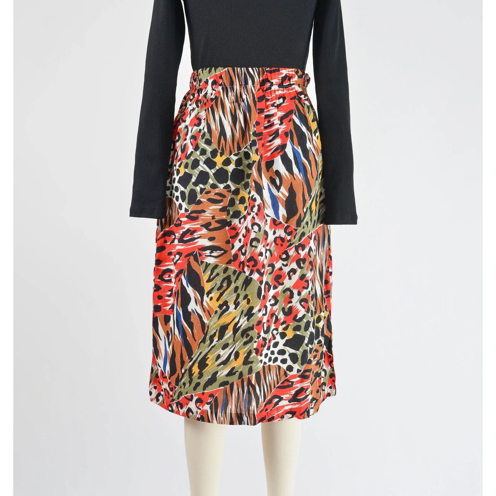 Vintage 80s Mixed Animal Print Skirt Elastic Waist Straight Midi Skirt Tiger Leopard Cheetah Print size S M