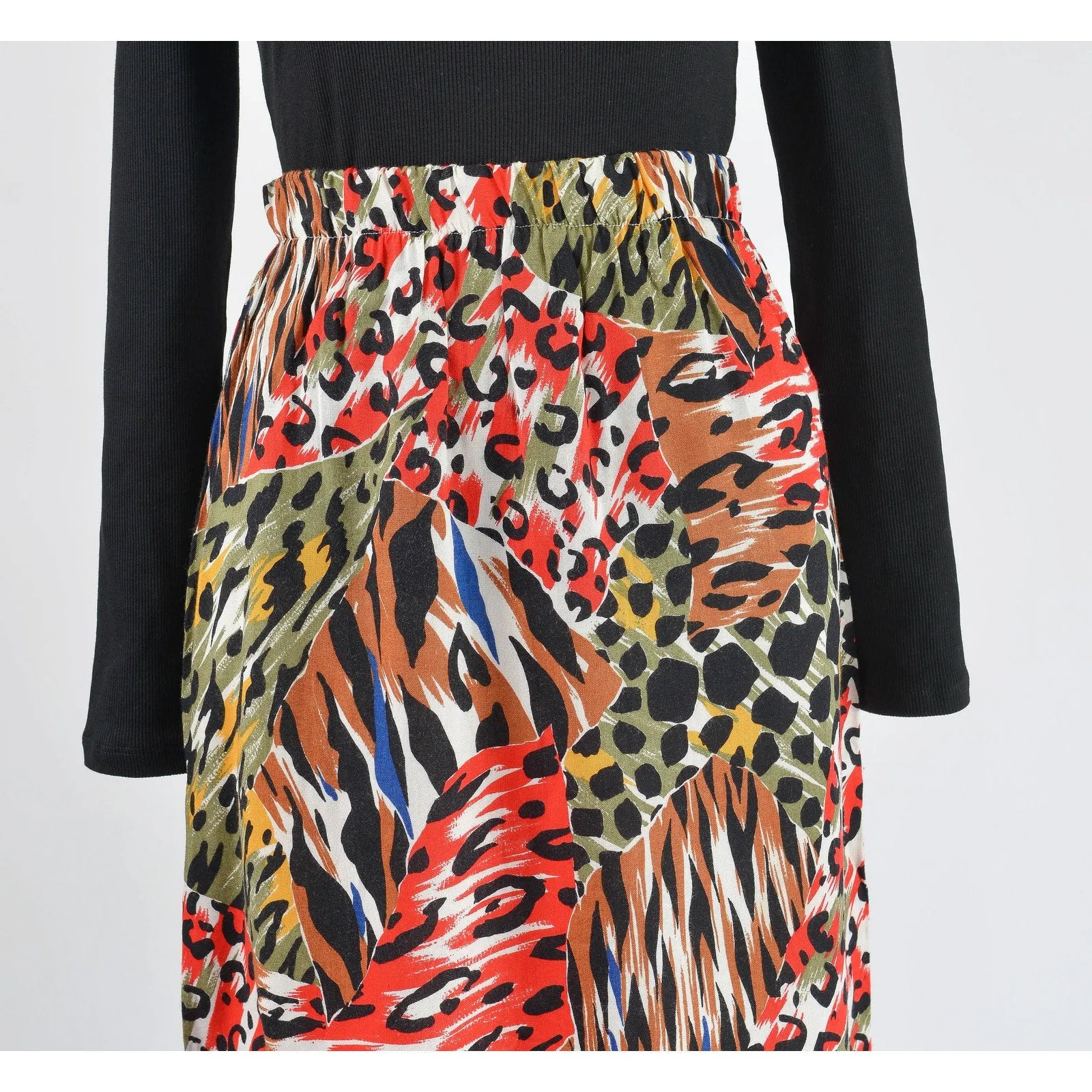 Vintage 80s Mixed Animal Print Skirt Elastic Waist Straight Midi Skirt Tiger Leopard Cheetah Print size S M