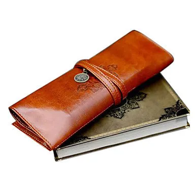 Vintage Retro Luxury Roll Leather Make Up Cosmetic Pen Pencil Case Pouch Purse Bag for School