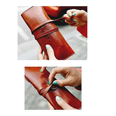 Vintage Retro Luxury Roll Leather Make Up Cosmetic Pen Pencil Case Pouch Purse Bag for School