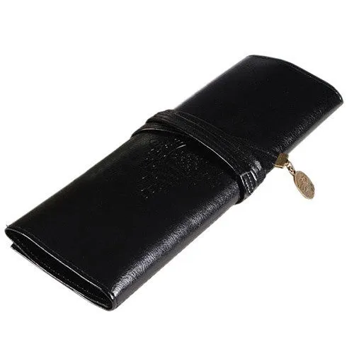 Vintage Retro Luxury Roll Leather Make Up Cosmetic Pen Pencil Case Pouch Purse Bag for School