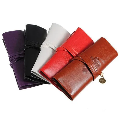 Vintage Retro Luxury Roll Leather Make Up Cosmetic Pen Pencil Case Pouch Purse Bag for School