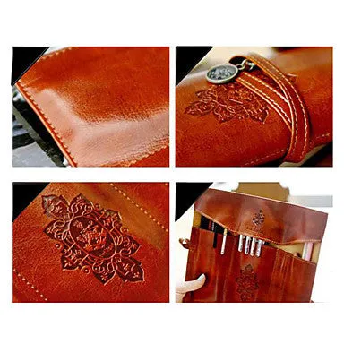 Vintage Retro Luxury Roll Leather Make Up Cosmetic Pen Pencil Case Pouch Purse Bag for School