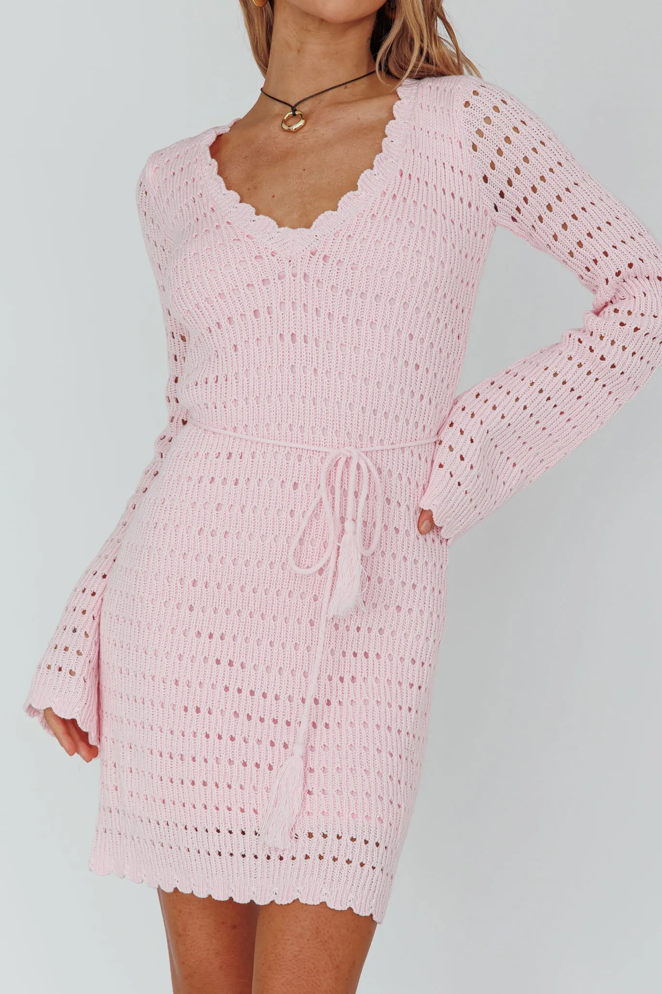 Wander Lust Long Sleeve Crochet Mini Dress Blush