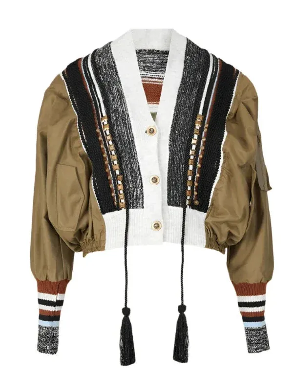 Wenkouban-Winter outfits Christmas V-Neck Rivet Patchwork Tassel Zipper Sleeve Short Cardigan