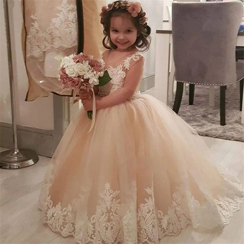 White Lace Flower Girl Dress Pageant First Communion Princess Little Girl Ball Gown