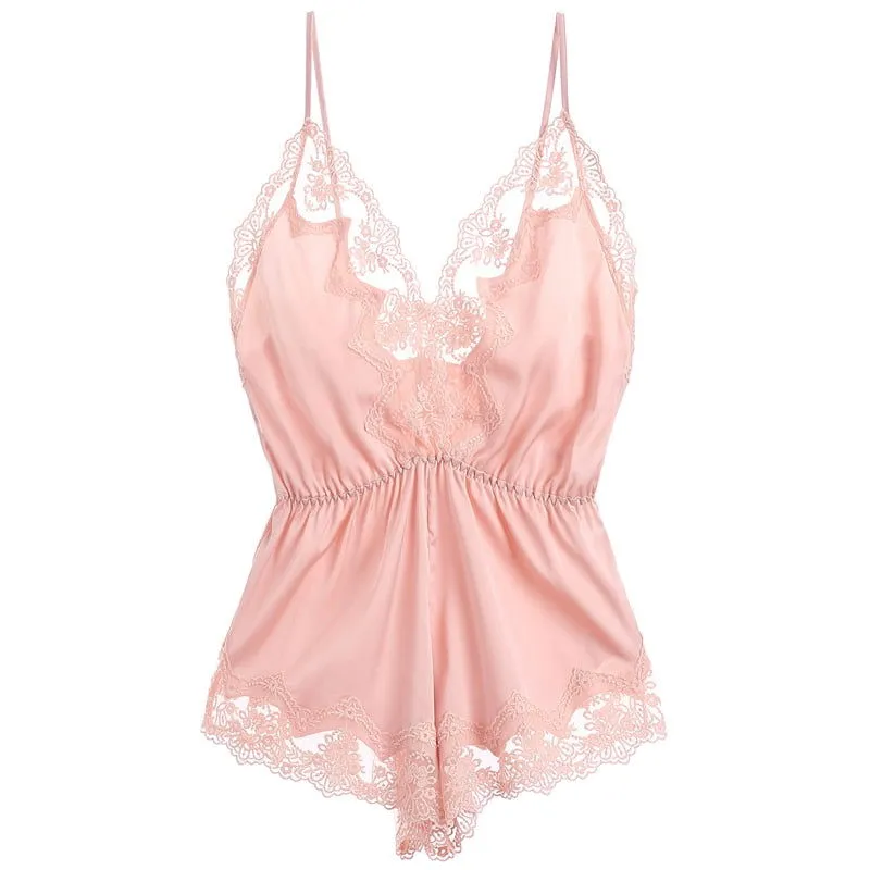 Women Lace Satin Pink Bodysuit Lingerie