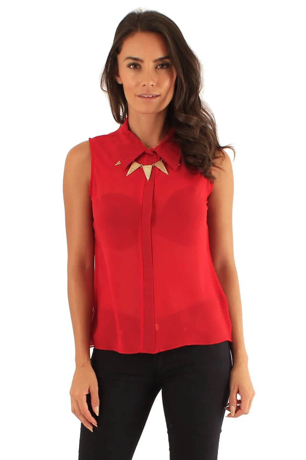 Women Sleeveless Spike Trim Blouse