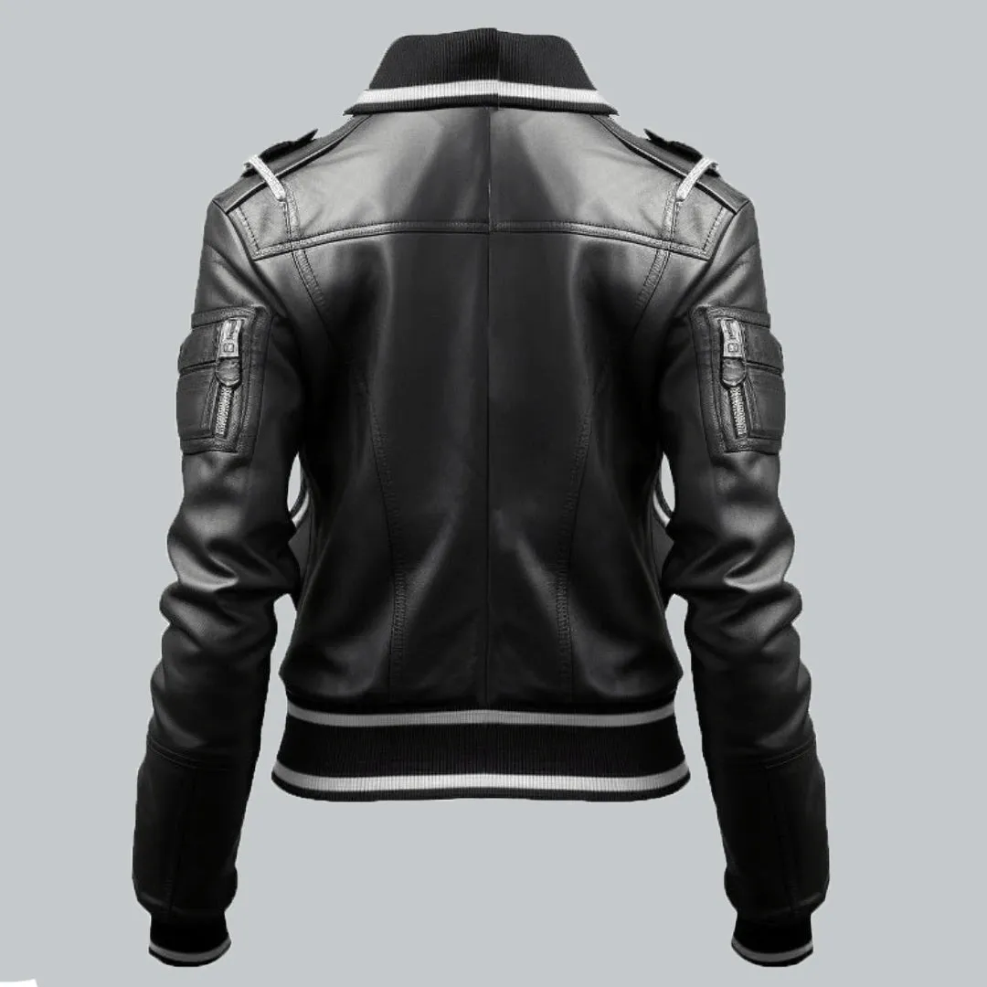 Women White Stripes Bomber Leather Jacket