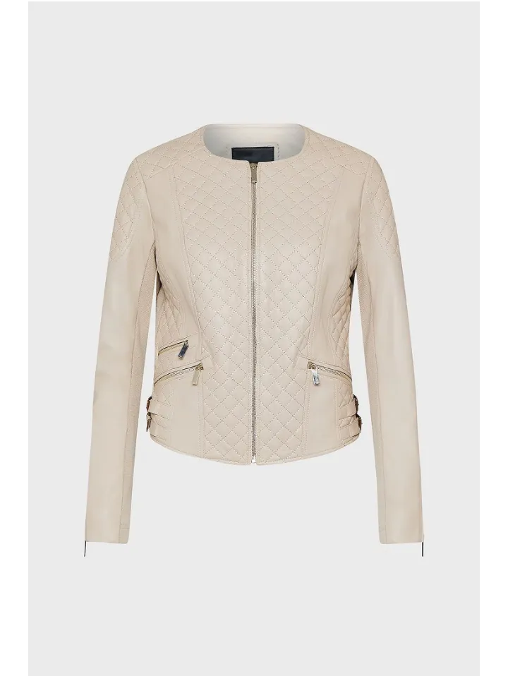 WOMEN’S BEIGE CREAM LEATHER BIKER JACKET