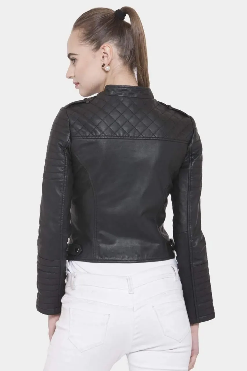 Women’s Black Leather Biker Jacket Slim Fit