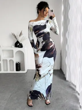 Women's Elegant Floral Print Asymmetrical Off-the-Shoulder Long Sleeve Bodycon Dress - Made with Polyester Knit Fabric, Long Length, Straight Hem, and a Skinny Fit.