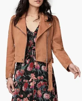 Women's Tan Brown Belted Suede Leather Biker Jacket