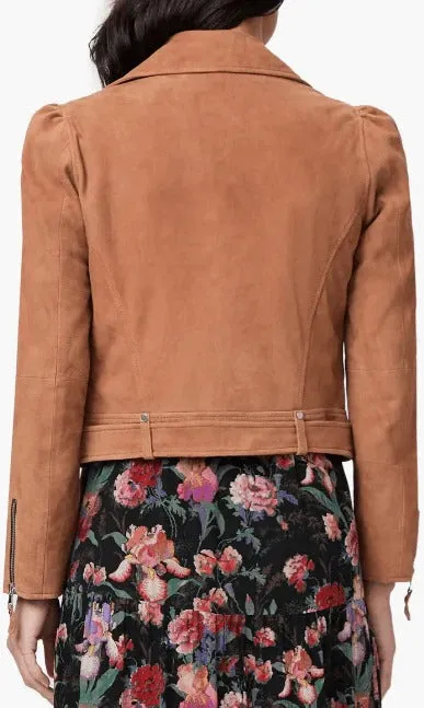 Women's Tan Brown Belted Suede Leather Biker Jacket