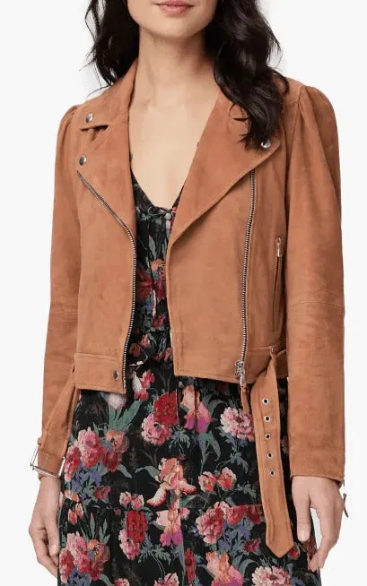 Women's Tan Brown Belted Suede Leather Biker Jacket