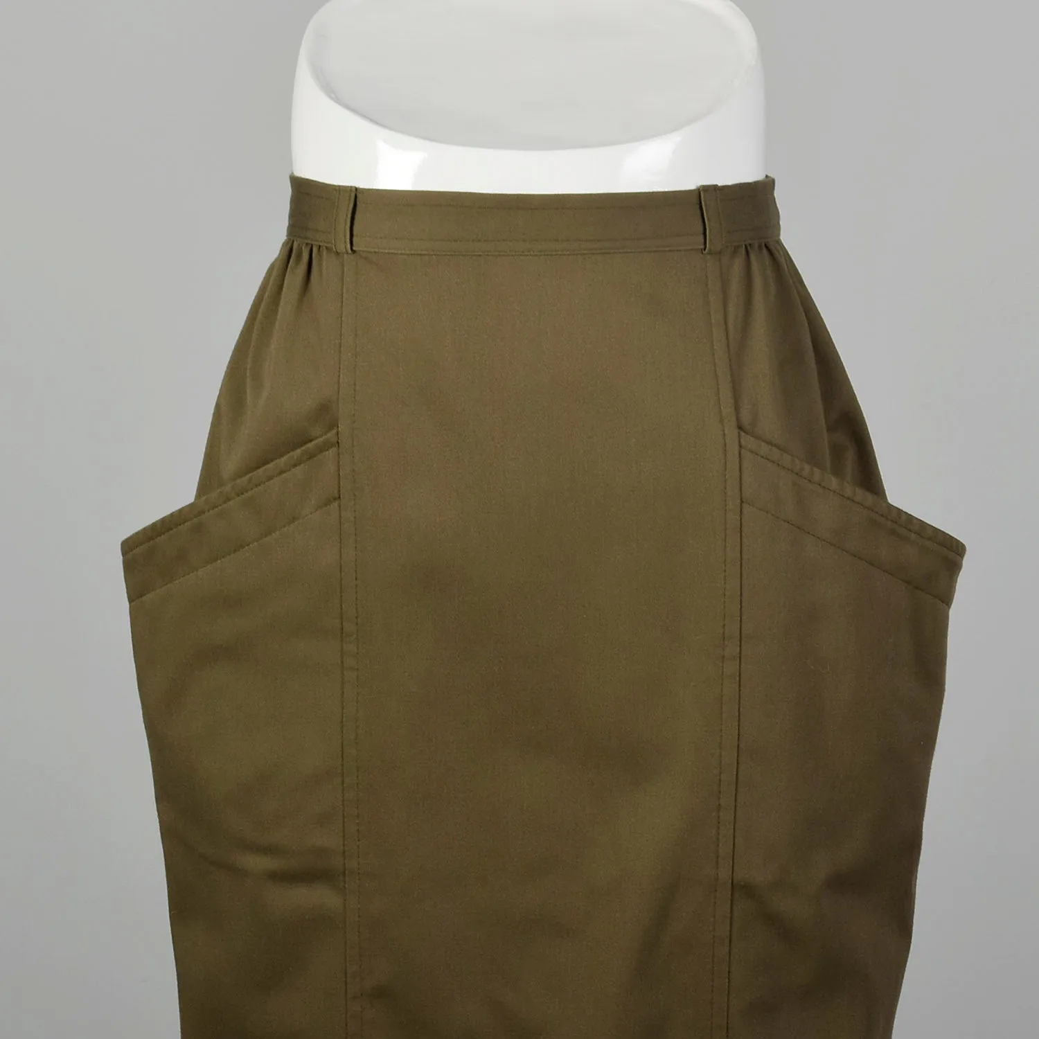 XS Rodier 1970s Green Twill Pencil Skirt With Large Pockets And Snap Up Back