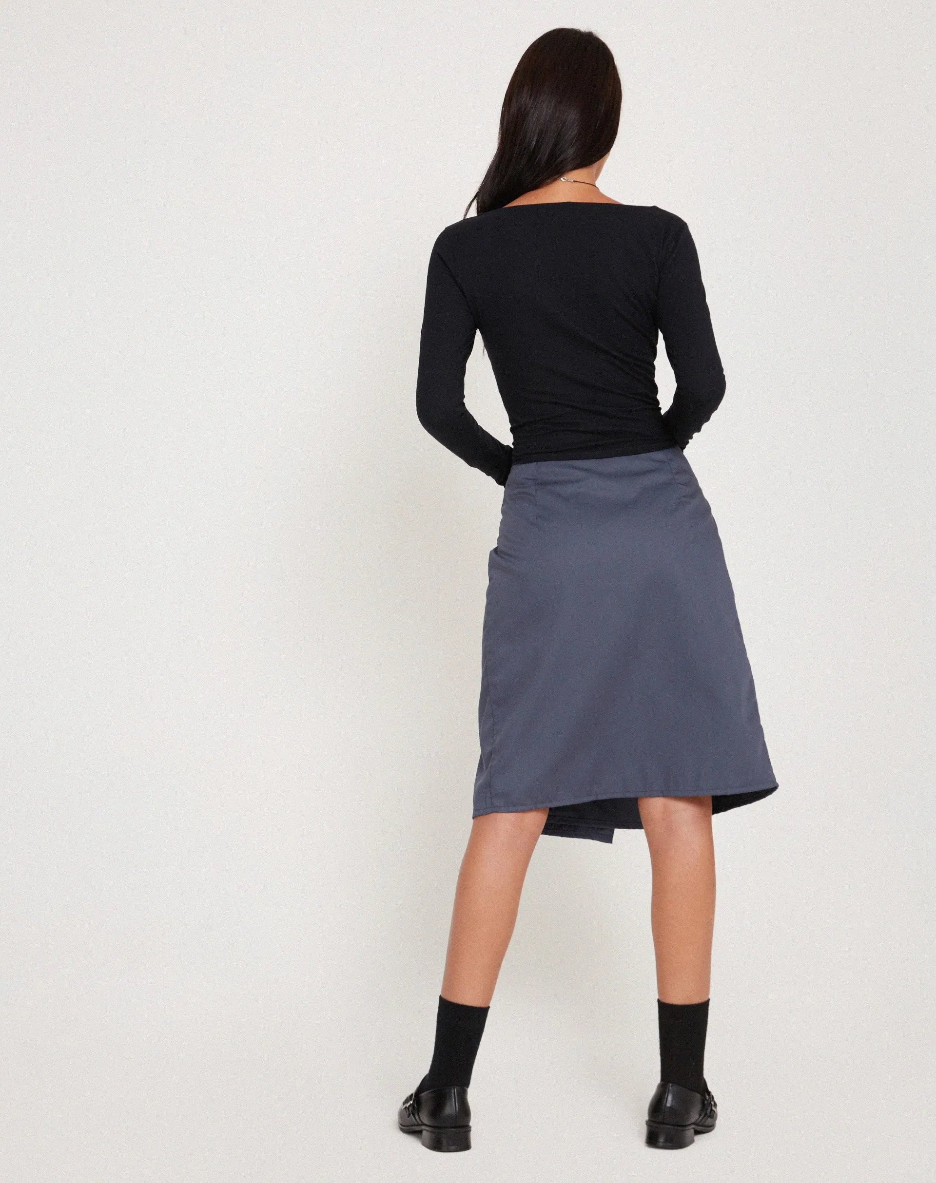 Yarbie Wrap Detail Midi Skirt in Charcoal Navy