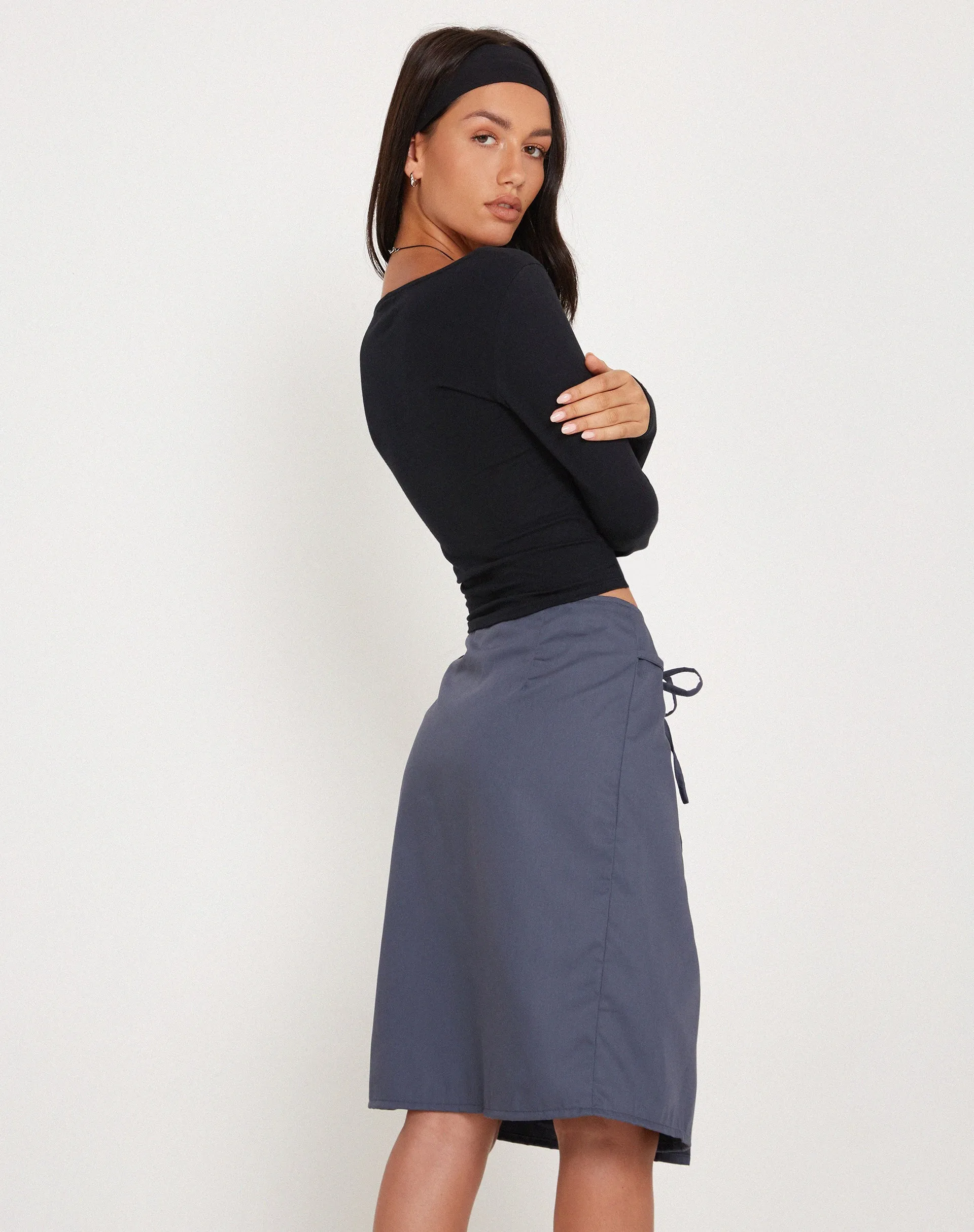 Yarbie Wrap Detail Midi Skirt in Charcoal Navy