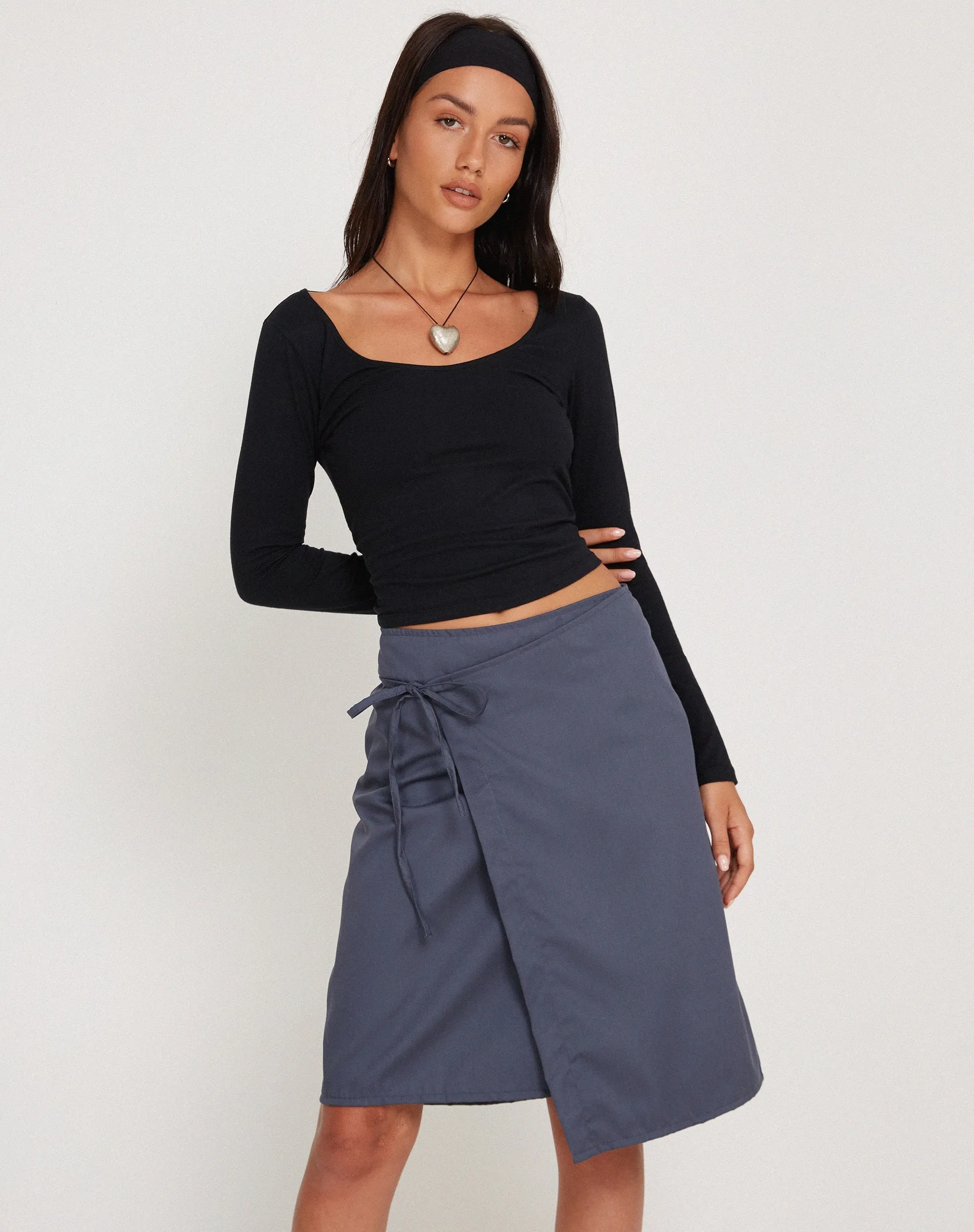 Yarbie Wrap Detail Midi Skirt in Charcoal Navy